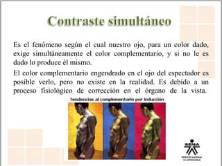 Es el fenómeno según el cual nuestro ojo, para un color dado,
exige simultáneamente el color complementario, y si no le es
dado lo produce él mismo.
El color complementario engendrado en el ojo del espectador es
posible verlo, pero no existe en la realidad. Es debido a un
proceso fisiológico de corrección en el órgano de la vista.
 