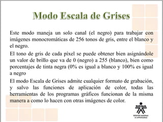 Este modo maneja un solo canal (el negro) para trabajar con
imágenes monocromáticas de 256 tonos de gris, entre el blanco y
el negro.
El tono de gris de cada píxel se puede obtener bien asignándole
un valor de brillo que va de 0 (negro) a 255 (blanco), bien como
porcentajes de tinta negra (0% es igual a blanco y 100% es igual
a negro
El modo Escala de Grises admite cualquier formato de grabación,
y salvo las funciones de aplicación de color, todas las
herramientas de los programas gráficos funcionan de la misma
manera a como lo hacen con otras imágenes de color.
 