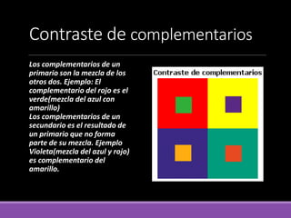 Contraste de complementarios
Los complementarios de un
primario son la mezcla de los
otros dos. Ejemplo: El
complementario del rojo es el
verde(mezcla del azul con
amarillo)
Los complementarios de un
secundario es el resultado de
un primario que no forma
parte de su mezcla. Ejemplo
Violeta(mezcla del azul y rojo)
es complementario del
amarillo.
 
