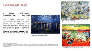 Funciones del color
EL COLOR DENOTATIVO:
REPRESENTACIÓN O REALISMO
Color como capacidad de
representación descriptiva, imágenes
realistas de la fotografía y la
ilustración. Ambiente natural de las
cosas y con alto grado de iconicidad.
ICÓNICO . SATURADO . FANTÁSTICO.
Carl Larsson Krebsfang
Van-Gogh. Noche estrellada
ANDRÉ-DERAIN-BOATS-AT-COLLIURE
http://3.bp.blogspot.com/-
m3sS3xtaD58/ULUbxCGqVNI/AAAAAAAAENk/1wIjWuvU6vY/s320/ANDRE%CC%81-DERAIN-BOATS-AT-
COLLIURE.JPG
 