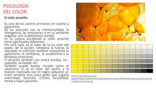 PSICOLOGÍA
DEL COLOR
El color amarillo:
Es uno de los colores primarios en cuanto a
pigmentos.
Se ha asociado con la intelectualidad, la
inteligencia, las emociones o en su vertiente
negativa, con la deficiencia mental.
En la cultura occidental el color amarillo
tiene significados diferentes.
Por otro lado, es el color de la luz solar del
poder, de la acción, simboliza la fuerza, la
voluntad, el estimulo también representa el
optimismo, la confianza, la autoestima y la
fortaleza emocional.
El amarillo también nos evoca envidia, ira ,
cobardía, ansiedad, etc.
También puede evocar rituales como el
satanismo al se el color del azufre y la
traición mezclado con el negro adquiere un
matiz verdoso muy poco grato que sugiere
enemistad, disimulo, crimen, brutalidad,
recelo y bajas pasiones.
https://2.bp.blogspot.com/-
QgaKw7RI8Gk/V2abfRVY6UI/AAAAAAAAAAs/wO54ctN0IIIhE00ulO5kLrqKe2IcAoYlgCLcB
/s400/lenguajecolor.jpg
 