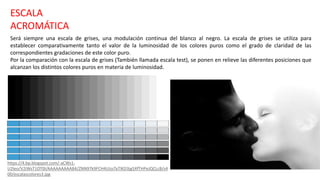 Será siempre una escala de grises, una modulación continua del blanco al negro. La escala de grises se utiliza para
establecer comparativamente tanto el valor de la luminosidad de los colores puros como el grado de claridad de las
correspondientes gradaciones de este color puro.
Por la comparación con la escala de grises (También llamada escala test), se ponen en relieve las diferentes posiciones que
alcanzan los distintos colores puros en materia de luminosidad.
ESCALA
ACROMÁTICA
https://4.bp.blogspot.com/-aCWs1-
U2leo/V2iWsT1OT0I/AAAAAAAAAB4/ZNN97k9FCH4UIzsTaTlKD3jg5XfTHPeJQCLcB/s4
00/escalascolores3.jpg
 