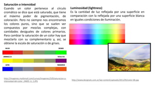 http://imagenes.mailxmail.com/cursos/imagenes/3/0/saturacion-o-
intensidad-del-color_24603_6_1.JPG
Saturación o intensidad
Cuando un color pertenece al círculo
cromático se dice que está saturado, que tiene
el máximo poder de pigmentación, de
coloración. Pero no siempre nos encontramos
los colores puros, sino que se suelen ver
compuestos por mezclas complejas, con
cantidades desiguales de colores primarios.
Para cambiar la saturación de un color hay que
mezclarlo con su complementario y, así, se
obtiene la escala de saturación o de grises.
Luminosidad (lightness)
Es la cantidad de luz reflejada por una superficie en
comparación con la reflejada por una superficie blanca
en iguales condiciones de iluminación.
http://www.designals.com.ar/wp-content/uploads/2011/05/color-06.jpg
 