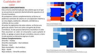 Cualidades del
color
COLORES COMPLEMENTARIOS
Esta armonía está formada por dos colores que es el que
se encuentran en posición diametralmente opuesta en el
Círculo Cromático.
Al yuxtaponer colores complementarios se forma un
poderoso contraste de colores en una oposición máxima y
se crea alegría, exaltación, vibración, estridencia y
sinfonías de luz y color.
Al juntar los pigmentos de estos colores, se forma una
gama de colores Tierra así como una gama de Grises
Cromáticos. A este proceso denomina neutralizar el color.
Para oscurecer un color sin ensuciarlo o para quitarle el
brillo, se agrega un poco de gris cromático, oscuro o claro.
A este proceso se denomina agrisar el color.
Colores Complementarios:
Amarillo – Violeta
Amarillo anaranjado – Azul violáceo
Naranja – Azul
Rojo anaranjado – Azul verdoso
Rojo – Verde
Rojo violáceo – Amarillo verdoso
http://2.bp.blogspot.com/-
vYcoCYiUjGU/UO2lTsntMWI/AAAAAAAAAIA/W8sOng1lwiI/s400/Complementario.jpg
http://3.bp.blogspot.com/-xTEtk_cxrwQ/UMz1c88d-
RI/AAAAAAAAAGs/biUmUVZerGU/s1600/Monocrom%C3%ADa+ex.jpg
 