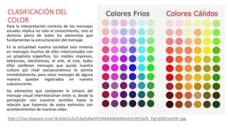 CLASIFICACIÓN DEL
COLOR
Para la interpretación correcta de los mensajes
visuales implica no solo el conocimiento, sino el
dominio pleno de todos los elementos que
fundamentan la estructuración del mensaje.
En la actualidad nuestra sociedad esta inmersa
en mensajes muchos de ellos intencionados con
un propósito especifico, los medios impresos,
televisivos, electrónicos, el arte, el cine, todos
ellos conllevan mensajes que quizás nuestra
cultura y/o nivel socioeconómico lo asimila
inmediatamente, pero estos mensajes de alguna
manera quedan registrados en nuestro
subconsciente.
los elementos que componen la sintaxis del
mensaje visual interrelacionan entre si, desde la
percepción con nuestros sentidos hasta la
relación que hacemos de estos estímulos con
acontecimientos de nuestras vidas.
http://2.bp.blogspot.com/-8L9Jelz1LZU/UkphJBwIVhI/AAAAAAAAAGA/CcN5Fq2h_Pg/s320/color9+.jpg
 