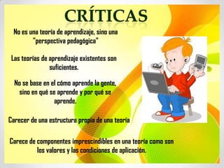 No es una teoría de aprendizaje, sino una
        "perspectiva pedagógica"

 Las teorías de aprendizaje existentes son
                suficientes.

  No se base en el cómo aprende la gente,
    sino en qué se aprende y por qué se
                  aprende.

Carecer de una estructura propia de una teoría

Carece de componentes imprescindibles en una teoría como son
          los valores y las condiciones de aplicación.
 