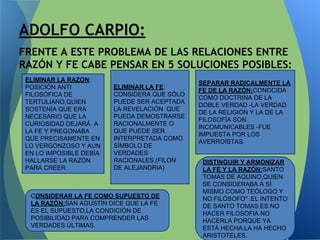 FRENTE A ESTE PROBLEMA DE LAS RELACIONES ENTRE
RAZÓN Y FE CABE PENSAR EN 5 SOLUCIONES POSIBLES:
ADOLFO CARPIO:
ELIMINAR LA FE:
CONSIDERA QUE SÓLO
PUEDE SER ACEPTADA
LA REVELACIÓN QUE
PUEDA DEMOSTRARSE
RACIONALMENTE O
QUE PUEDE SER
INTERPRETADA COMO
SÍMBOLO DE
VERDADES
RACIONALES.(FILON
DE ALEJANDRIA)
SEPARAR RADICALMENTE LA
FE DE LA RAZÓN:CONOCIDA
COMO DOCTRINA DE LA
DOBLE VERDAD -LA VERDAD
DE LA RELIGIÓN Y LA DE LA
FILOSOFÍA SON
INCOMUNICABLES -FUE
IMPUESTA POR LOS
AVERROÍSTAS.
CONSIDERAR LA FE COMO SUPUESTO DE
LA RAZÓN:SAN AGUSTÍN DICE QUE LA FE
ES EL SUPUESTO,LA CONDICIÓN DE
POSIBILIDAD PARA COMPRENDER LAS
VERDADES ÚLTIMAS.
DISTINGUIR Y ARMONIZAR
LA FE Y LA RAZÓN:SANTO
TOMÁS DE AQUINO,QUIEN
SE CONSIDERABA A SÍ
MISMO COMO TEÓLOGO Y
NO FILÓSOFO" .EL INTENTO
DE SANTO TOMAS ES NO
HACER FILOSOFIA.NO
HACERLA PORQUE YA
ESTÁ HECHA:LA HA HECHO
ARISTOTELES.
ELIMINAR LA RAZON:
POSICIÓN ANTI
FILOSÓFICA DE
TERTULIANO,QUIEN
SOSTENÍA QUE ERA
NECESARIO QUE LA
CURIOSIDAD DEJARÁ A
LA FE Y PREGONABA
QUE PRECISAMENTE EN
LO VERGONZOSO Y AUN
EN LO IMPOSIBLE DEBÍA
HALLARSE LA RAZÓN
PARA CREER.
 