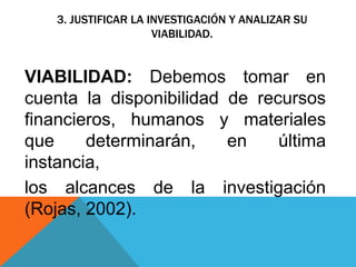 3. JUSTIFICAR LA INVESTIGACIÓN Y ANALIZAR SU
VIABILIDAD.
VIABILIDAD: Debemos tomar en
cuenta la disponibilidad de recursos
financieros, humanos y materiales
que determinarán, en última
instancia,
los alcances de la investigación
(Rojas, 2002).
 