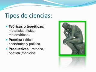 Tipos de Saberes :Experiencia :No es enseñable .Trata de lo individual. Sabe el que .Técnica (arte): Es enseñable .Trata de lo general y cambiante .Sabe el por que .La causa y sirve para fabricar .Ciencia :Es enseñable y demostrable .Trata de lo general y eterno