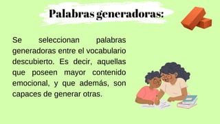 Palabras generadoras:
Se seleccionan palabras
generadoras entre el vocabulario
descubierto. Es decir, aquellas
que poseen mayor contenido
emocional, y que además, son
capaces de generar otras.
 