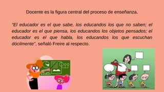Docente es la figura central del proceso de enseñanza.
“El educador es el que sabe, los educandos los que no saben; el
educador es el que piensa, los educandos los objetos pensados; el
educador es el que habla, los educandos los que escuchan
dócilmente”, señaló Freire al respecto.
 