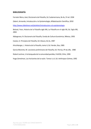 BIBILOGRAFÍA

Ferrater Mora, José, Diccionario de Filosofía, Ed. Sudamericana, Bs As, 5ª ed. 1958

Zabert, Armando, Introducción a la Epistemología, Alfabetización Científica, 2010

http://www.slideshare.net/piisleloir/introduccion-a-la-epistemologia

Belaval, Yvon, Historia de la Filosofía siglo XXI, La Filosofía en el siglo XX, Ed. Siglo XXI,
2002

Abbagnano, N. Diccionario de Filosofía, Fondo de Cultura Económica, México, 1993

Carpio, A. Principios de Filosofía, Ed. Glauco, Bs As, 1987

Hirschberger, J. Historia de la Filosofía, tomo II, Ed. Herder, Bza, 1985

García Morente, M. Lecciones preliminares de Filosofía, Ed. Porrúa, 9ª ed.,Mx, 1980

Robert Lechner, A la búsqueda de la comunidad perdida, FLACSO, Chile, 1990

Hugo Zemelman, Los horizontes de la razón. Tomos I y II, Ed. Anthropos-Colmex, 1992




Apuntes para TEORÍA del CONOCIMIENTO
Y EPISTEMOLOGÍA                                                               Página 28 de 28
 