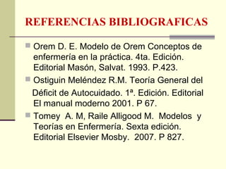 REFERENCIAS BIBLIOGRAFICAS

 Orem D. E. Modelo de Orem Conceptos de
  enfermería en la práctica. 4ta. Edición.
  Editorial Masón, Salvat. 1993. P.423.
 Ostiguin Meléndez R.M. Teoría General del
  Déficit de Autocuidado. 1ª. Edición. Editorial
  El manual moderno 2001. P 67.
 Tomey A. M, Raile Alligood M. Modelos y
  Teorías en Enfermería. Sexta edición.
  Editorial Elsevier Mosby. 2007. P 827.
 