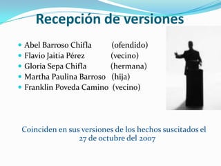 Recepción de versiones Abel Barroso Chifla          (ofendido)Flavio Jaitia Pérez             (vecino)Gloria Sepa Chifla            (hermana)Martha Paulina Barroso   (hija)Franklin Poveda Camino  (vecino)Coinciden en sus versiones de los hechos suscitados el 27 de octubre del 2007 