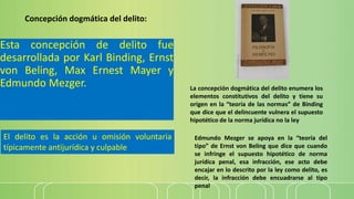 Esta concepción de delito fue
desarrollada por Karl Binding, Ernst
von Beling, Max Ernest Mayer y
Edmundo Mezger.
Concepción dogmática del delito:
La concepción dogmática del delito enumera los
elementos constitutivos del delito y tiene su
origen en la “teoría de las normas” de Binding
que dice que el delincuente vulnera el supuesto
hipotético de la norma jurídica no la ley
El delito es la acción u omisión voluntaria
típicamente antijurídica y culpable
Edmundo Mezger se apoya en la “teoría del
tipo” de Ernst von Beling que dice que cuando
se infringe el supuesto hipotético de norma
jurídica penal, esa infracción, ese acto debe
encajar en lo descrito por la ley como delito, es
decir, la infracción debe encuadrarse al tipo
penal
 
