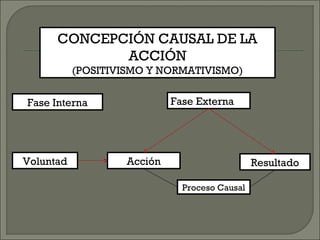 CONCEPCIÓN CAUSAL DE LA
ACCIÓN
(POSITIVISMO Y NORMATIVISMO)
Fase Interna Fase Externa
Acción Resultado
Proceso Causal
Voluntad
 