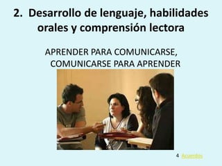 2.  Desarrollo de lenguaje, habilidades orales y comprensión lectoraAPRENDER PARA COMUNICARSE, COMUNICARSE PARA APRENDER4  Acuerdos