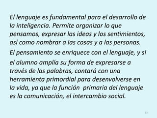 El lenguaje es fundamental para el desarrollo de la inteligencia. Permite organizar lo que pensamos, expresar las ideas y los sentimientos, así como nombrar a las cosas y a las personas.El pensamiento se enriquece con el lenguaje, y siel alumno amplía su forma de expresarse a través de las palabras, contará con una herramienta primordial para desenvolverse en la vida, ya que la función  primaria del lenguaje  es la comunicación, el intercambio social.13