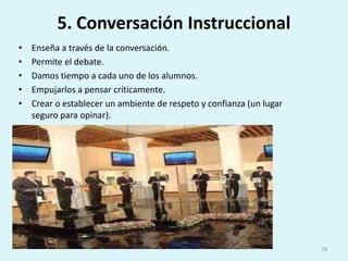 5. Conversación InstruccionalEnseña a través de la conversación.Permite el debate.Damos tiempo a cada uno de los alumnos.Empujarlos a pensar críticamente.Crear o establecer un ambiente de respeto y confianza (un lugar seguro para opinar).18