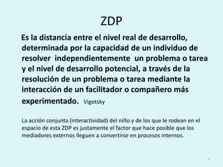 ZDP    Es la distancia entre el nivel real de desarrollo, determinada por la capacidad de un individuo de resolver  independientemente  un problema o tarea y el nivel de desarrollo potencial, a través de la resolución de un problema o tarea mediante la interacción de un facilitador o compañero más experimentado.Vigotsky	La acción conjunta (interactividad) del niño y de los que le rodean en el espacio de esta ZDP es justamente el factor que hace posible que los mediadores externos lleguen a convertirse en procesos internos. 7