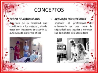 CONCEPTOS
• DEFICIT DE AUTOCUIDADO
deterioro de la habilidad que
condiciona a los sujetos , donde
estos son incapaces de asumir su
autocuidado en forma eficaz
• ACTIVIDAD EN ENFERMERIA
atributo al profesional de
enfermería ya que tiene la
capacidad para ayudar a conocer
sus demandas de autocuidado
 