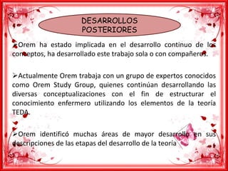 DESARROLLOS
POSTERIORES
Orem ha estado implicada en el desarrollo continuo de los
conceptos, ha desarrollado este trabajo sola o con compañeros.
Actualmente Orem trabaja con un grupo de expertos conocidos
como Orem Study Group, quienes continúan desarrollando las
diversas conceptualizaciones con el fin de estructurar el
conocimiento enfermero utilizando los elementos de la teoría
TEDA.
Orem identificó muchas áreas de mayor desarrollo en sus
descripciones de las etapas del desarrollo de la teoría
 