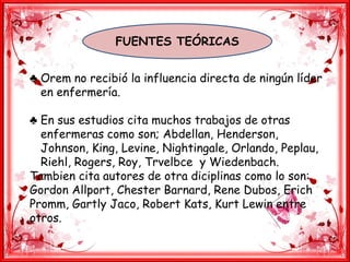 FUENTES TEÓRICAS
♣ Orem no recibió la influencia directa de ningún líder
en enfermería.
♣ En sus estudios cita muchos trabajos de otras
enfermeras como son; Abdellan, Henderson,
Johnson, King, Levine, Nightingale, Orlando, Peplau,
Riehl, Rogers, Roy, Trvelbce y Wiedenbach.
Tambien cita autores de otra diciplinas como lo son:
Gordon Allport, Chester Barnard, Rene Dubos, Erich
Promm, Gartly Jaco, Robert Kats, Kurt Lewin entre
otros.
 