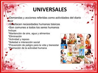 UNIVERSALES
•Demandas y acciones referidas como actividades del diario
vivir
•Satisfacen necesidades humanas básicas
•Son comunes a todos los seres humanos
Incluye:
*Mantención de aire, agua y alimentos
*Eliminación
*Actividad y reposo
*Soledad e interacción social
*Prevención de peligro para la vida y bienestar
*Promoción de la actividad humana
 