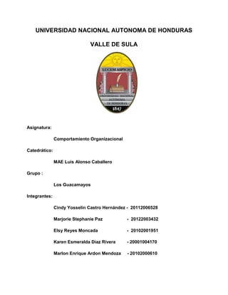 UNIVERSIDAD NACIONAL AUTONOMA DE HONDURAS
VALLE DE SULA
Asignatura:
Comportamiento Organizacional
Catedrático:
MAE Luis Alonso Caballero
Grupo :
Los Guacamayos
Integrantes:
Cindy Yosselin Castro Hernández - 20112006528
Marjorie Stephanie Paz - 20122003432
Elsy Reyes Moncada - 20102001951
Karen Esmeralda Díaz Rivera - 20001004170
Marlon Enrique Ardon Mendoza - 20102000610
 