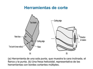 Herramientas de corte




(a) Herramienta de una sola punta, que muestra la cara inclinada, el
flanco y la punta. (b) Una fresa helicoidal, representativa de las
herramientas con bordes cortantes múltiples.
 