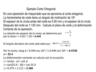 Ejemplo Corte Ortogonal
En una operación de maquinado que se aproxima al corte ortogonal,
La herramienta de corte tiene un ángulo de inclinación de 10o.
El espesor de la viruta antes del corte es 0.50 mm y el espesor de la viruta
Después del corte es 1.125 mm. Calcule el plano de corte y la deformación
Cortante de la operación.
La relación de espesor de la viruta, se determina por:
por lo tanto r = 0.50 / 1.25 = 0.444

El ángulo del plano de corte está dado por:

Por lo tanto, tang = 0.444 cos 10o / 1-0.444 sen 10o = 0.4738
  = 25.4
La deformación cortante se calcula con la ecuación,
 = tan( - ) + cot
 = tan(25.4 - 10) + cot 25.4
 = 0.275 + 2.111 = 2.386
 