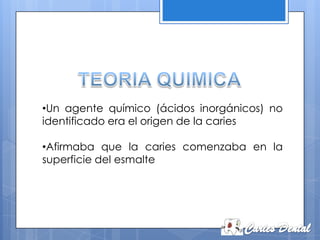 •Un agente químico (ácidos inorgánicos) no
identificado era el origen de la caries

•Afirmaba que la caries comenzaba en la
superficie del esmalte
 