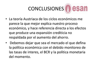 Teorías de los ciclos económicos Teoría marxista del ciclo En la visión de Marx la baja de la tasa de ganancia y la acumulación acelerada son los dos aspectos en que se manifiesta el mismo proceso de desarrollo de la capacidad productiva. El rendimiento de la inversión en forma de ganancias es el resorte propulsor de la producción capitalista y el crecimiento acelerado al reducir la rentabilidad general del capital, conduce al descenso de la inversión. El conflicto de estos factores se abre paso periódicamente en forma de crisis.Teoría Del Ciclo Económico PolíticoSegún esta teoría, los responsables de la política económica tratan de que la situación de la inflación y del desempleo sea optima o equilibrada en época de elecciones (en algunos países); luego de ese periodo pareceré la inflación o la recesión.