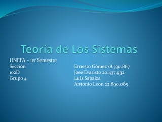 UNEFA – 1er Semestre
Sección Ernesto Gómez 18.330.867
102D José Evaristo 20.437.932
Grupo 4 Luis Sabalza
Antonio Leon 22.890.085
 