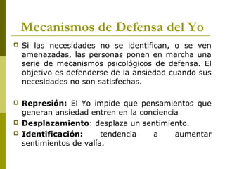 Mecanismos de Defensa del Yo
 Si las necesidades no se identifican, o se ven
amenazadas, las personas ponen en marcha una
serie de mecanismos psicológicos de defensa. El
objetivo es defenderse de la ansiedad cuando sus
necesidades no son satisfechas.
 Represión: El Yo impide que pensamientos que
generan ansiedad entren en la conciencia
 Desplazamiento: desplaza un sentimiento.
 Identificación: tendencia a aumentar
sentimientos de valía.
 