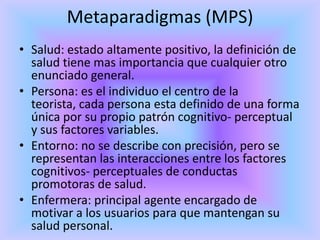 Metaparadigmas (MPS)
• Salud: estado altamente positivo, la definición de
  salud tiene mas importancia que cualquier otro
  enunciado general.
• Persona: es el individuo el centro de la
  teorista, cada persona esta definido de una forma
  única por su propio patrón cognitivo- perceptual
  y sus factores variables.
• Entorno: no se describe con precisión, pero se
  representan las interacciones entre los factores
  cognitivos- perceptuales de conductas
  promotoras de salud.
• Enfermera: principal agente encargado de
  motivar a los usuarios para que mantengan su
  salud personal.
 