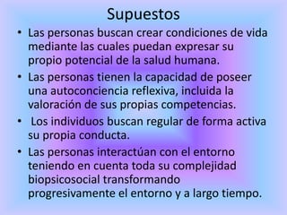 Supuestos
• Las personas buscan crear condiciones de vida
  mediante las cuales puedan expresar su
  propio potencial de la salud humana.
• Las personas tienen la capacidad de poseer
  una autoconciencia reflexiva, incluida la
  valoración de sus propias competencias.
• Los individuos buscan regular de forma activa
  su propia conducta.
• Las personas interactúan con el entorno
  teniendo en cuenta toda su complejidad
  biopsicosocial transformando
  progresivamente el entorno y a largo tiempo.
 