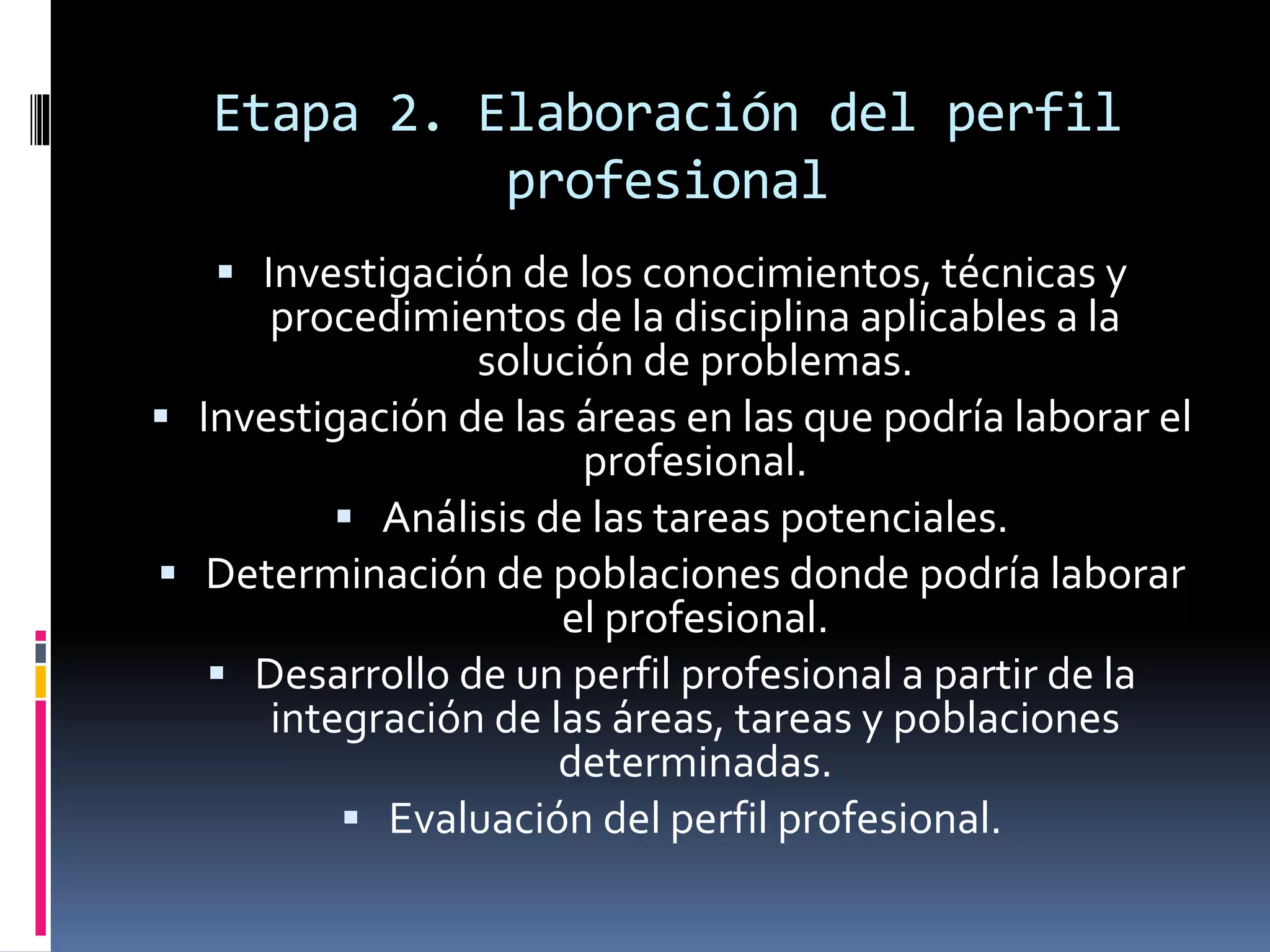 Etapa 2. Elaboración del perfil
profesional
 Investigación de los conocimientos, técnicas y
procedimientos de la disciplina aplicables a la
solución de problemas.
 Investigación de las áreas en las que podría laborar el
profesional.
 Análisis de las tareas potenciales.
 Determinación de poblaciones donde podría laborar
el profesional.
 Desarrollo de un perfil profesional a partir de la
integración de las áreas, tareas y poblaciones
determinadas.
 Evaluación del perfil profesional.
 