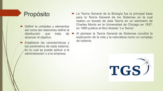  La Teoría General de la Biología fue la principal base
para la Teoría General de los Sistemas en la cual
realizo un boceto de esta Teoría en un seminario de
Charles Morris en la Universidad de Chicago en 1937;
en 1969 publica el libro titulado “La Teoría”.
 Al plantear la Teoría General de Sistemas concibió la
explicación de la vida y la naturaleza como un complejo
de sistema.
 Definir la unidades y elementos
así como las relaciones define la
distribución que trata de
alcanzar el objetivo.
 Establecer las características y
los parámetros de cada sistema,
en la cual se puede aplicar a la
administración o a la empresa.
Propósito
 