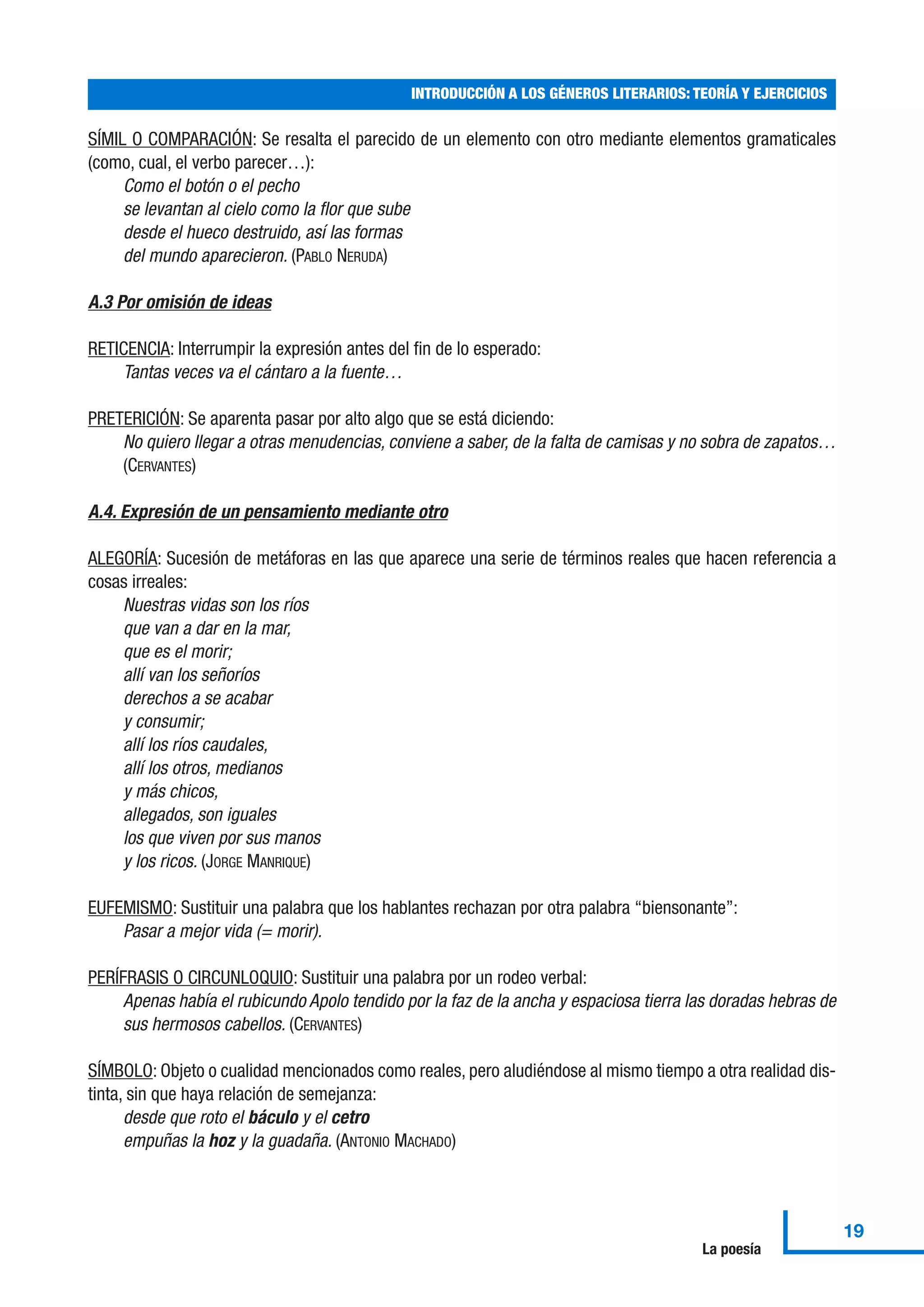 SÍMIL O COMPARACIÓN: Se resalta el parecido de un elemento con otro mediante elementos gramaticales
(como, cual, el verbo parecer…):
Como el botón o el pecho
se levantan al cielo como la flor que sube
desde el hueco destruido, así las formas
del mundo aparecieron. (PABLO NERUDA)
A.3 Por omisión de ideas
RETICENCIA: Interrumpir la expresión antes del fin de lo esperado:
Tantas veces va el cántaro a la fuente…
PRETERICIÓN: Se aparenta pasar por alto algo que se está diciendo:
No quiero llegar a otras menudencias, conviene a saber, de la falta de camisas y no sobra de zapatos…
(CERVANTES)
A.4. Expresión de un pensamiento mediante otro
ALEGORÍA: Sucesión de metáforas en las que aparece una serie de términos reales que hacen referencia a
cosas irreales:
Nuestras vidas son los ríos
que van a dar en la mar,
que es el morir;
allí van los señoríos
derechos a se acabar
y consumir;
allí los ríos caudales,
allí los otros, medianos
y más chicos,
allegados, son iguales
los que viven por sus manos
y los ricos. (JORGE MANRIQUE)
EUFEMISMO: Sustituir una palabra que los hablantes rechazan por otra palabra “biensonante”:
Pasar a mejor vida (= morir).
PERÍFRASIS O CIRCUNLOQUIO: Sustituir una palabra por un rodeo verbal:
Apenas había el rubicundo Apolo tendido por la faz de la ancha y espaciosa tierra las doradas hebras de
sus hermosos cabellos. (CERVANTES)
SÍMBOLO: Objeto o cualidad mencionados como reales, pero aludiéndose al mismo tiempo a otra realidad dis-
tinta, sin que haya relación de semejanza:
desde que roto el báculo y el cetro
empuñas la hoz y la guadaña. (ANTONIO MACHADO)
INTRODUCCIÓN A LOS GÉNEROS LITERARIOS: TEORÍA Y EJERCICIOS
19
La poesía
 