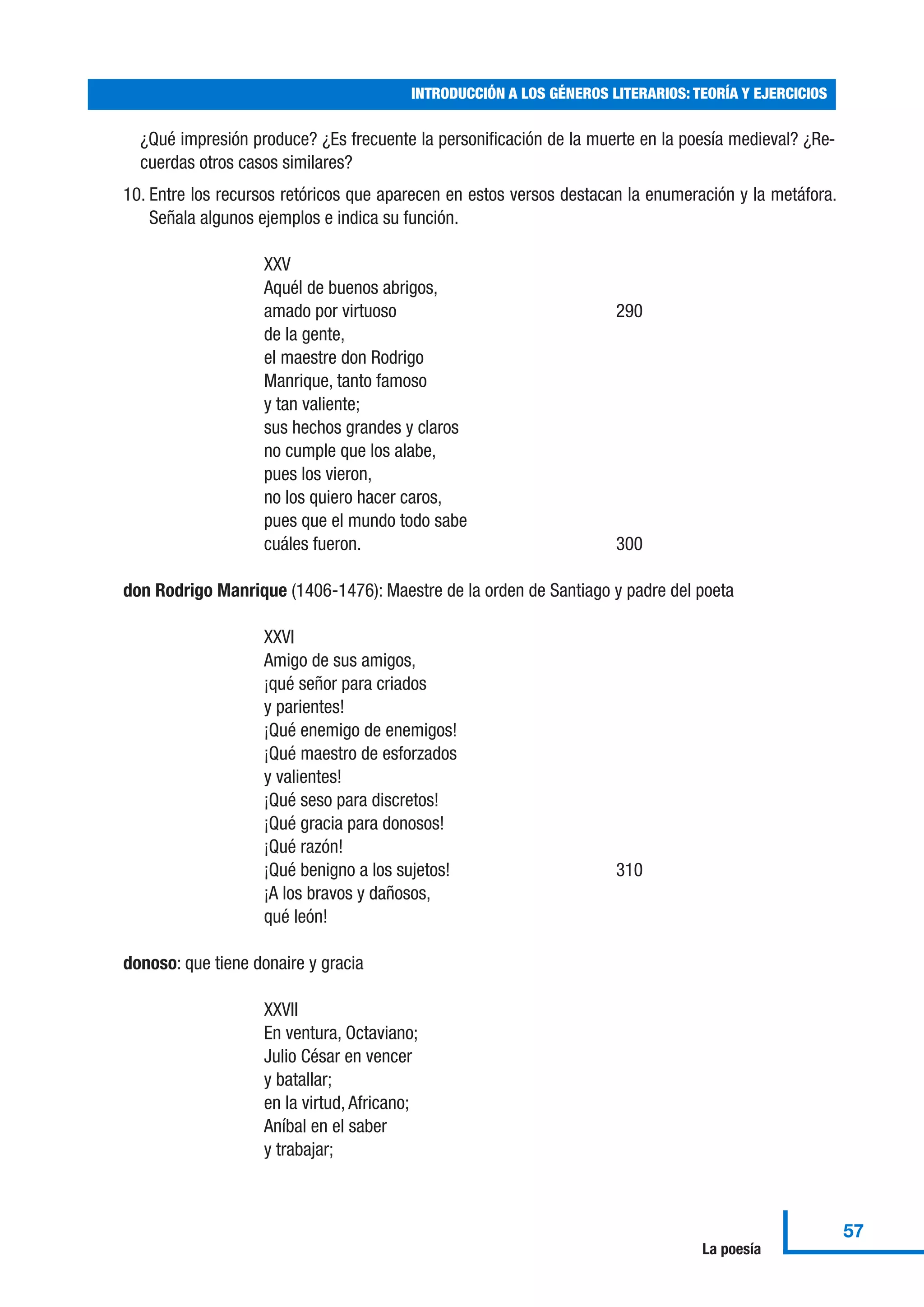 ¿Qué impresión produce? ¿Es frecuente la personificación de la muerte en la poesía medieval? ¿Re-
cuerdas otros casos similares?
10. Entre los recursos retóricos que aparecen en estos versos destacan la enumeración y la metáfora.
Señala algunos ejemplos e indica su función.
XXV
Aquél de buenos abrigos,
amado por virtuoso 290
de la gente,
el maestre don Rodrigo
Manrique, tanto famoso
y tan valiente;
sus hechos grandes y claros
no cumple que los alabe,
pues los vieron,
no los quiero hacer caros,
pues que el mundo todo sabe
cuáles fueron. 300
don Rodrigo Manrique (1406-1476): Maestre de la orden de Santiago y padre del poeta
XXVI
Amigo de sus amigos,
¡qué señor para criados
y parientes!
¡Qué enemigo de enemigos!
¡Qué maestro de esforzados
y valientes!
¡Qué seso para discretos!
¡Qué gracia para donosos!
¡Qué razón!
¡Qué benigno a los sujetos! 310
¡A los bravos y dañosos,
qué león!
donoso: que tiene donaire y gracia
XXVII
En ventura, Octaviano;
Julio César en vencer
y batallar;
en la virtud, Africano;
Aníbal en el saber
y trabajar;
INTRODUCCIÓN A LOS GÉNEROS LITERARIOS: TEORÍA Y EJERCICIOS
57
La poesía
 