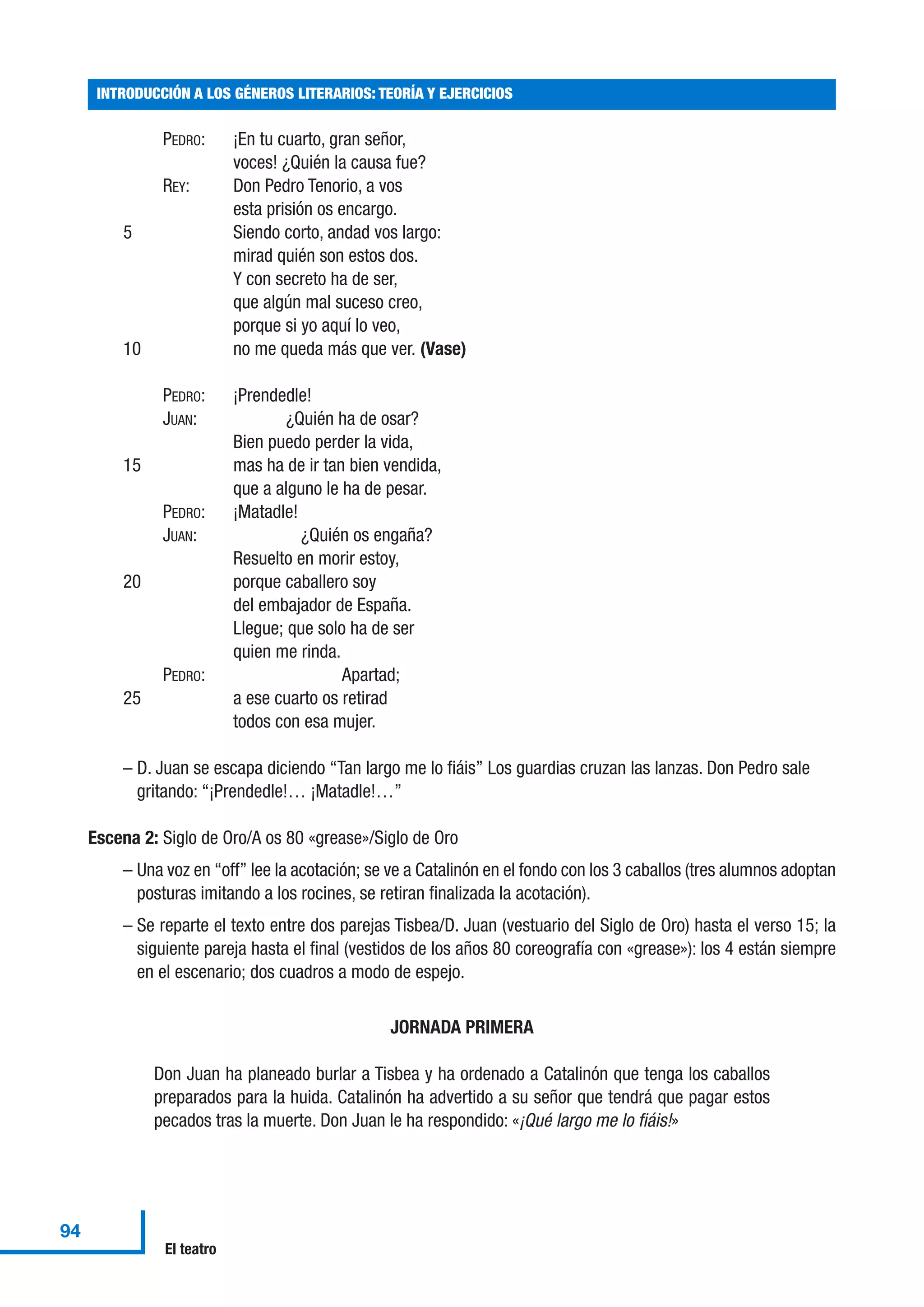 PEDRO: ¡En tu cuarto, gran señor,
voces! ¿Quién la causa fue?
REY: Don Pedro Tenorio, a vos
esta prisión os encargo.
5 Siendo corto, andad vos largo:
mirad quién son estos dos.
Y con secreto ha de ser,
que algún mal suceso creo,
porque si yo aquí lo veo,
10 no me queda más que ver. (Vase)
PEDRO: ¡Prendedle!
JUAN: ¿Quién ha de osar?
Bien puedo perder la vida,
15 mas ha de ir tan bien vendida,
que a alguno le ha de pesar.
PEDRO: ¡Matadle!
JUAN: ¿Quién os engaña?
Resuelto en morir estoy,
20 porque caballero soy
del embajador de España.
Llegue; que solo ha de ser
quien me rinda.
PEDRO: Apartad;
25 a ese cuarto os retirad
todos con esa mujer.
– D. Juan se escapa diciendo “Tan largo me lo fiáis” Los guardias cruzan las lanzas. Don Pedro sale
gritando: “¡Prendedle!… ¡Matadle!…”
Escena 2: Siglo de Oro/A os 80 «grease»/Siglo de Oro
– Una voz en “off” lee la acotación; se ve a Catalinón en el fondo con los 3 caballos (tres alumnos adoptan
posturas imitando a los rocines, se retiran finalizada la acotación).
– Se reparte el texto entre dos parejas Tisbea/D. Juan (vestuario del Siglo de Oro) hasta el verso 15; la
siguiente pareja hasta el final (vestidos de los años 80 coreografía con «grease»): los 4 están siempre
en el escenario; dos cuadros a modo de espejo.
JORNADA PRIMERA
Don Juan ha planeado burlar a Tisbea y ha ordenado a Catalinón que tenga los caballos
preparados para la huida. Catalinón ha advertido a su señor que tendrá que pagar estos
pecados tras la muerte. Don Juan le ha respondido: «¡Qué largo me lo fiáis!»
INTRODUCCIÓN A LOS GÉNEROS LITERARIOS: TEORÍA Y EJERCICIOS
94
El teatro
 