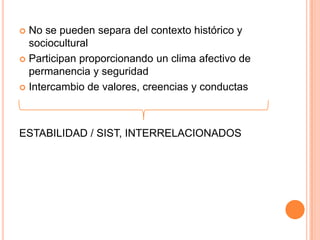  No se pueden separa del contexto histórico y
  sociocultural
 Participan proporcionando un clima afectivo de
  permanencia y seguridad
 Intercambio de valores, creencias y conductas




ESTABILIDAD / SIST, INTERRELACIONADOS
 