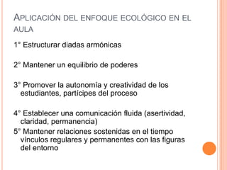 APLICACIÓN DEL ENFOQUE ECOLÓGICO EN EL
AULA

1° Estructurar diadas armónicas

2° Mantener un equilibrio de poderes

3° Promover la autonomía y creatividad de los
  estudiantes, partícipes del proceso

4° Establecer una comunicación fluida (asertividad,
  claridad, permanencia)
5° Mantener relaciones sostenidas en el tiempo
  vínculos regulares y permanentes con las figuras
  del entorno
 