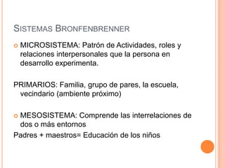 SISTEMAS BRONFENBRENNER
   MICROSISTEMA: Patrón de Actividades, roles y
    relaciones interpersonales que la persona en
    desarrollo experimenta.

PRIMARIOS: Familia, grupo de pares, la escuela,
 vecindario (ambiente próximo)

MESOSISTEMA: Comprende las interrelaciones de
 dos o más entornos
Padres + maestros= Educación de los niños
 