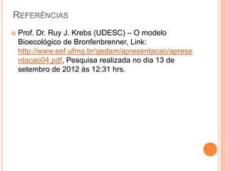 REFERÊNCIAS
   Prof. Dr. Ruy J. Krebs (UDESC) – O modelo
    Bioecológico de Bronfenbrenner, Link:
    http://www.eef.ufmg.br/gedam/apresentacao/aprese
    ntacao04.pdf, Pesquisa realizada no dia 13 de
    setembro de 2012 às 12:31 hrs.
 