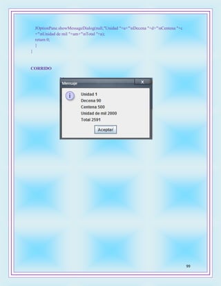 99
JOptionPane.showMessageDialog(null,"Unidad "+u+"nDecena "+d+"nCentena "+c
+"nUnidad de mil "+um+"nTotal "+a);
return 0;
}
}
CORRIDO
 