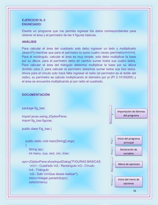 16
EJERCICIO N.-3
ENUNCIADO:
Diseñe un programa que me permita ingresar los datos correspondientes para
obtener el área y el perímetro de las 4 figuras básicas.
ANÁLISIS
Para calcular el área del cuadrado solo debo ingresar un lado y multiplicarlo
(área=l*l) mientras que para el perímetro lo sumo cuatro veces (perímetro=l+l+l+l).
Para el rectángulo, calcular el área es muy simple, solo debo multiplicar la base
por su altura, para el perímetro debo en cambio sumar todos sus cuatro lados.
Para calcular el área del triángulo debemos multiplicar la base por su altura
dividido para 2, para calcular el perímetro debemos sumar todos sus tres lados.
Ahora para el círculo solo hace falta ingresar el radio (el perímetro es el doble del
radio), su perímetro se calcula multiplicando el diámetro por pi (PI 3.14159265) y
el área se encuentra multiplicando pi por radio al cuadrado.
DOCUMENTACIÓN
package fig_bas;
import javax.swing.JOptionPane;
import fig_bas.figuras;
public class Fig_bas {
public static void main(String[] args)
{
String opc;
int menu, cua, rect, circ, trian;
opc=JOptionPane.showInputDialog("FIGURAS BÁSICAS
nn1.- Cuadrado n2.- Rectángulo n3.- Círculo
n4.- Triángulo
n5.- Salir nnQue desea realizar");
menu=Integer.parseInt(opc);
switch(menu)
Importación de librerías
del programa
Inicio del programa
principal
Declaración de
variables
Menú de opciones
Inicio del menú de
opciones
 