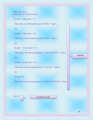 93
public class edad {
public static int edades(int edad1)
{
if(edad1>=1 && edad1<=3)
{
JOptionPane.showMessageDialog(null, "BEBE: "+edad1);
}
else
{
if(edad1>=4 && edad1<=11)
{
JOptionPane.showMessageDialog(null, "NIÑO: "+edad1);
}
else
{
if(edad1>=12 && edad1<=17)
{
JOptionPane.showMessageDialog(null, "ADOLESCENTE: "+edad1);
}
else
{
if(edad1>=18 && edad1<=45)
{
JOptionPane.showMessageDialog(null, "ADULTO: "+edad1);
}
else
{
if(edad1>45)
{
JOptionPane.showMessageDialog(null, "ADULTO MAYOR: "+edad1);
}
}
}
}
}
return 0;
}
}
PROCESO
SE CIERRA LA CLASE
 
