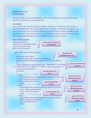 94
EJERCICIO N.-16
ENUNCIADO:
Diseñe un menú de opciones utilizando clases de un conjunto de series de datos: primos,
factorial, Fibonacci, pares, y la opción salir.
ANALISIS:
Para realizar este proyecto primero debemos importar las bibliotecas que vayamos a
utilizar, Declarar datos del tipo que necesitemos y empezar el programa con títulos y un
menú de opciones que nos permita escoger la serie que deseemos realizar, seguido de una
clase para realizar cada serie, también con la opción de repetir el proceso las veces que
desee el usuario presentando al fin los resultados respectivos que queremos.
DOCUMENTACIÓN:
package menuseries;
import javax.swing.JOptionPane;
import menuseries.series;
public class Menuseries {
public static void main(String[] args)
{
String dato1, dato2,dato3;
int op,limite,pares,num,i,p,primos,factor,fibo,opc;
JOptionPane.showMessageDialog(null, "MENU DE SERIES ");
do
{dato1=JOptionPane.showInputDialog("1. PRIMOS n 2. FACTORIAL
n 3. FIBONACCI n 4. PARES n 5. SALIR n Ingrese una opcion: ");
op=Integer.parseInt(dato1);
switch(op)
{
case 1:
dato2=JOptionPane.showInputDialog("Ingrese un limite");
limite=Integer.parseInt(dato2);
primos=series.primos(limite);
break;
case 2:
dato2=JOptionPane.showInputDialog("Ingrese un limite");
limite=Integer.parseInt(dato2);
factor=series.facto(limite);
break;
case 3:
dato2=JOptionPane.showInputDialog("Ingrese un limite");
limite=Integer.parseInt(dato2);
fibo=series.fibo(limite);
break;
Importación de librerías
del programa
Declaración de
variables String, int y
double
Impresión del Menú de
Opciones
Inicio del Switch con
Case1
Ingreso del límite y
Llamado de clase o
función
Inicio del Switch con
Case 2
Ingreso del límite y
Llamado de clase o
función
Inicio del Switch con
Case 3
Ingreso del límite y
Llamado de clase o
función
 